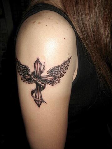 Cross And Wing Black And Grey Tattoo 虹夜 刺青処